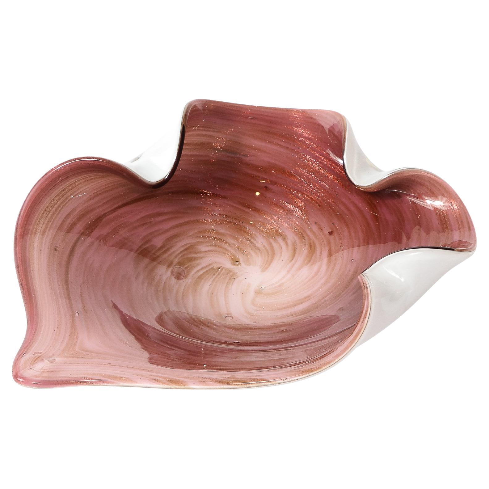 Hand-Blown Murano Glass Dish in Swirled Amethyst with Crimped Detailing  For Sale