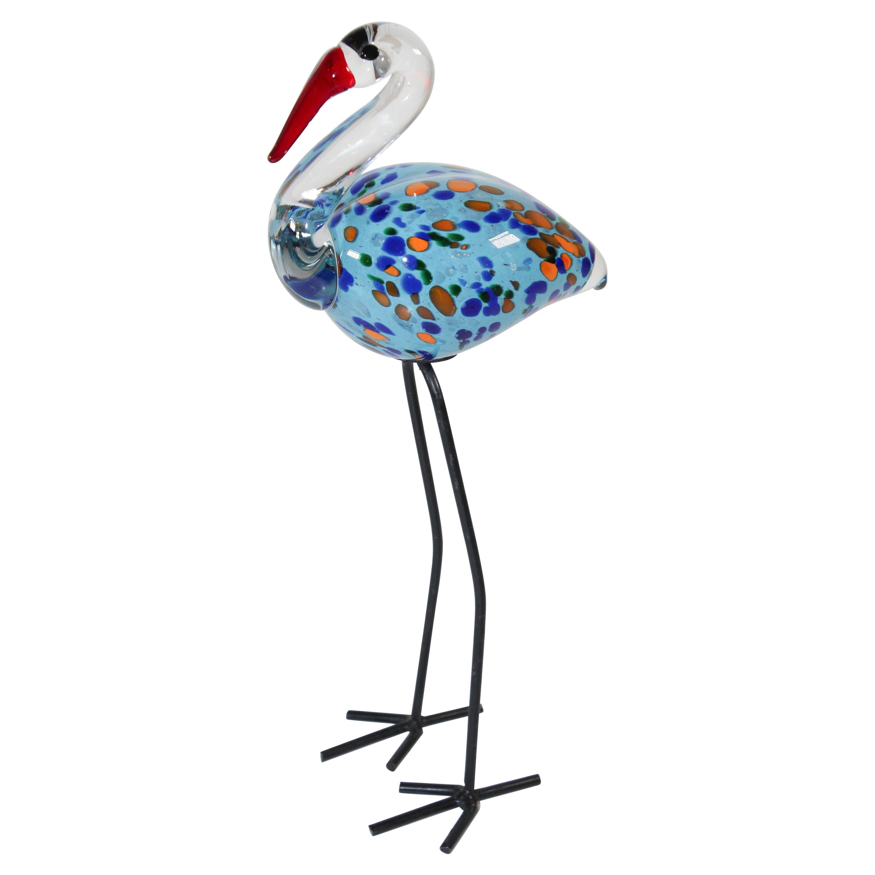 Hand Blown Murano Glass Flamingo Bird with Metal Legs, 1960s