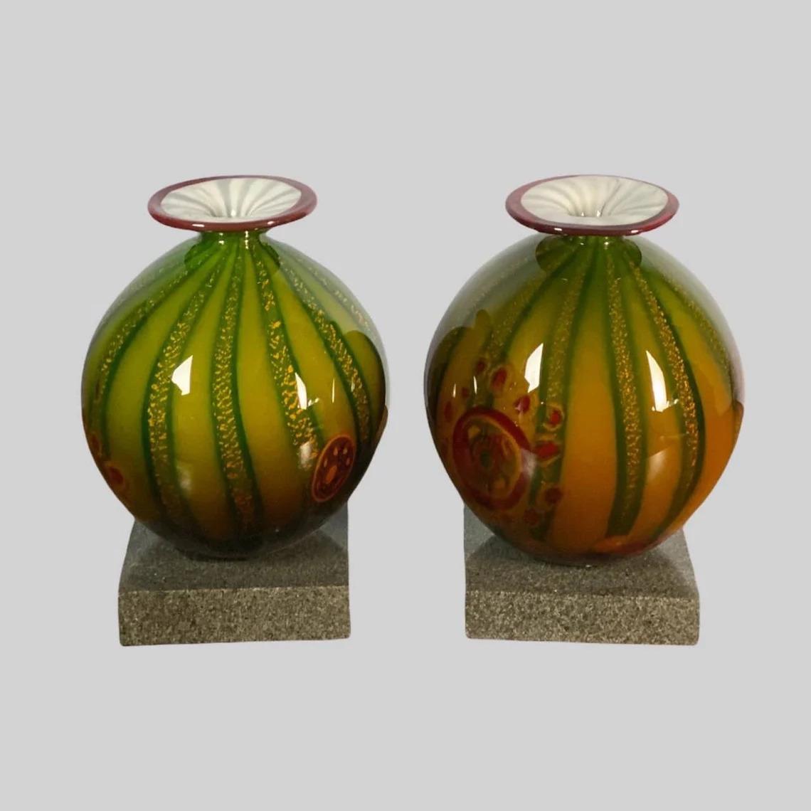 Mid-Century Modern Hand Blown Murano Glass Pair Vases on a Marble Stand, 1970s