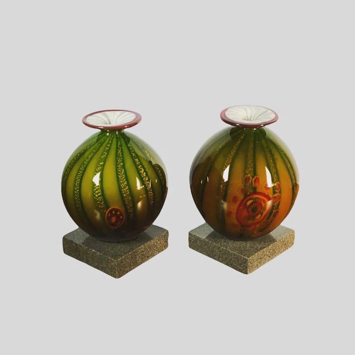 Italian Hand Blown Murano Glass Pair Vases on a Marble Stand, 1970s