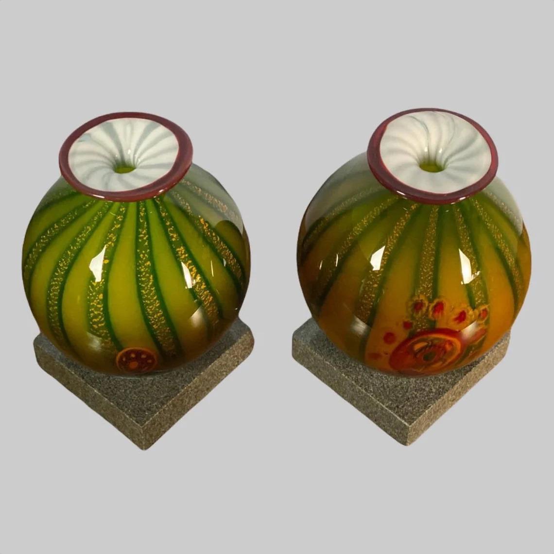 Hand-Crafted Hand Blown Murano Glass Pair Vases on a Marble Stand, 1970s