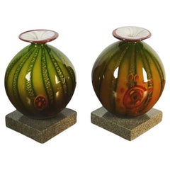 Hand Blown Murano Glass Pair Vases on a Marble Stand, 1970s