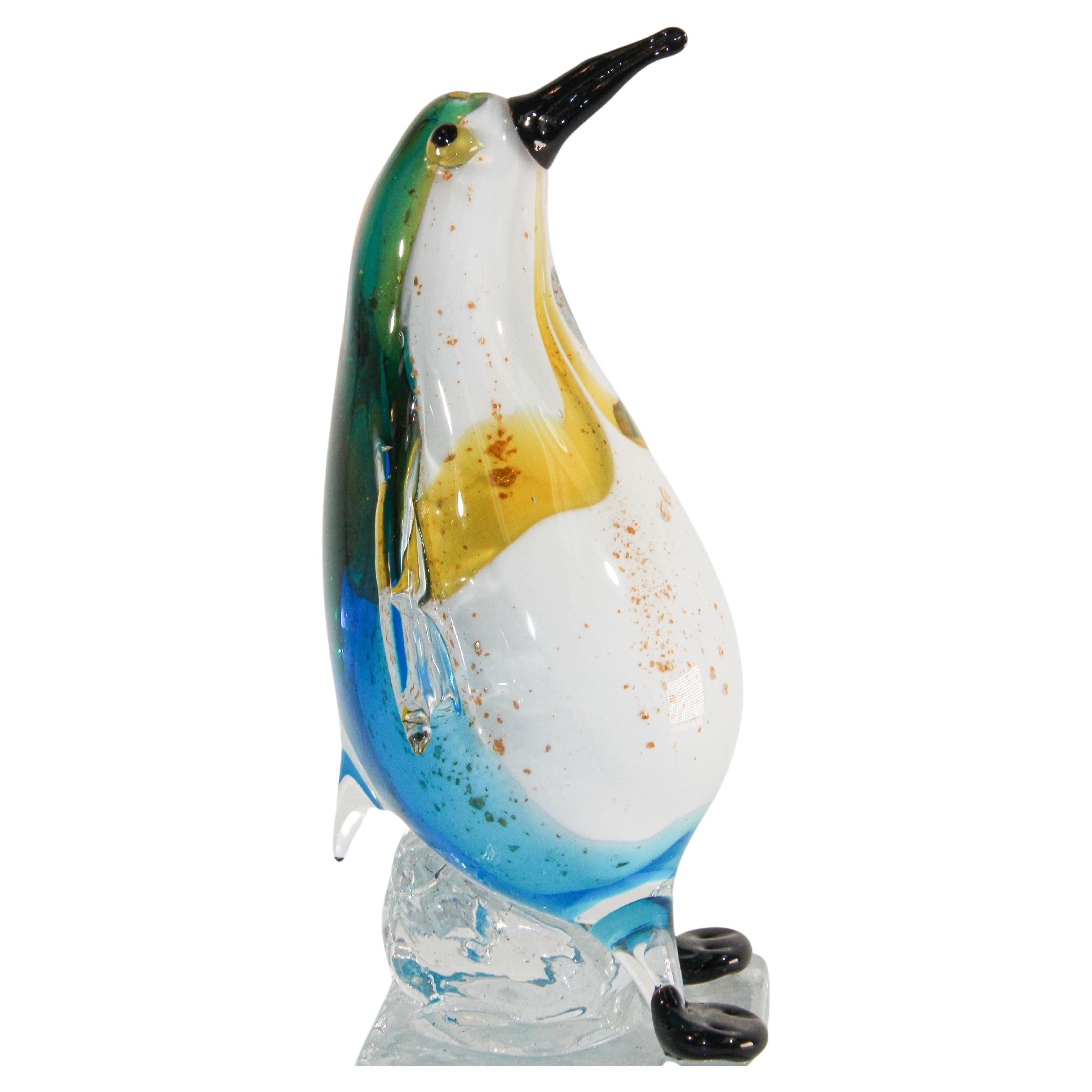 Vtg ~ Solid Art Frosted Glass Penguin Blue/Green Medium Paperweight Hand Blown 