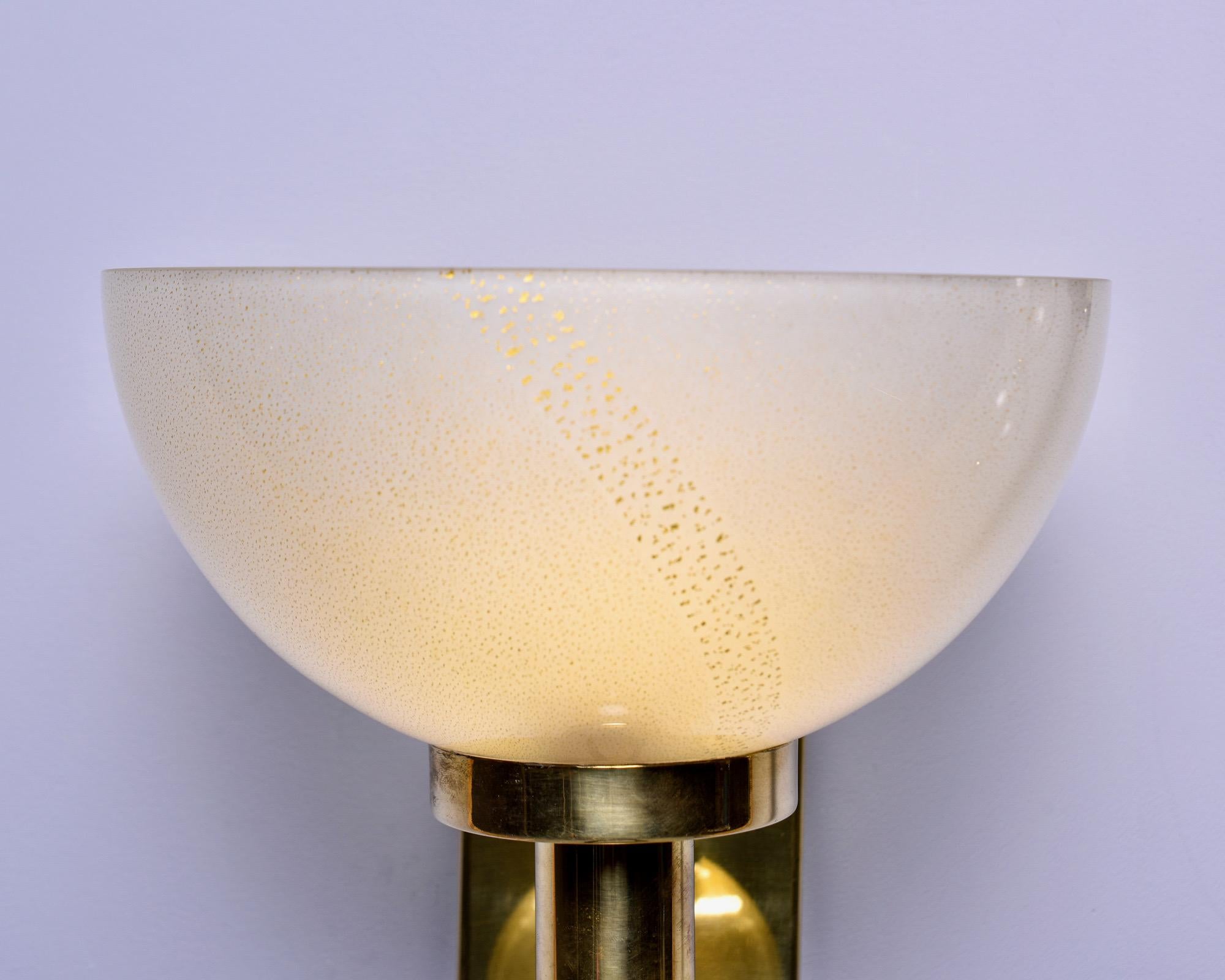 Mid-Century Modern Hand Blown Murano Glass Sconces with Gold Flecks and Brass Fittings