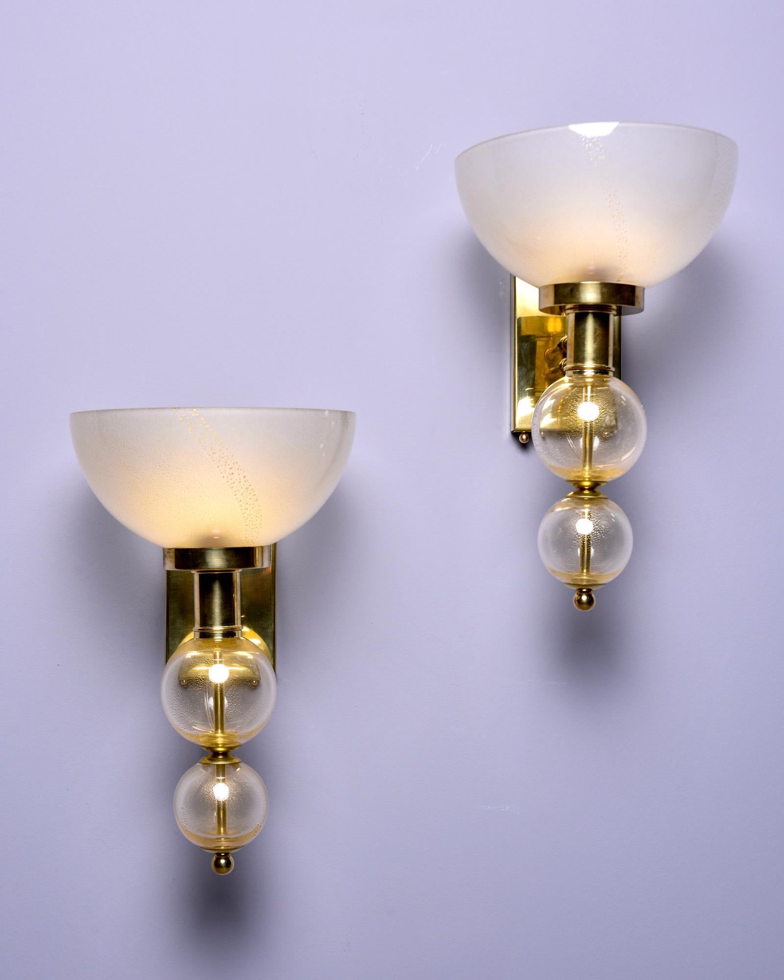 Italian Hand Blown Murano Glass Sconces with Gold Flecks and Brass Fittings