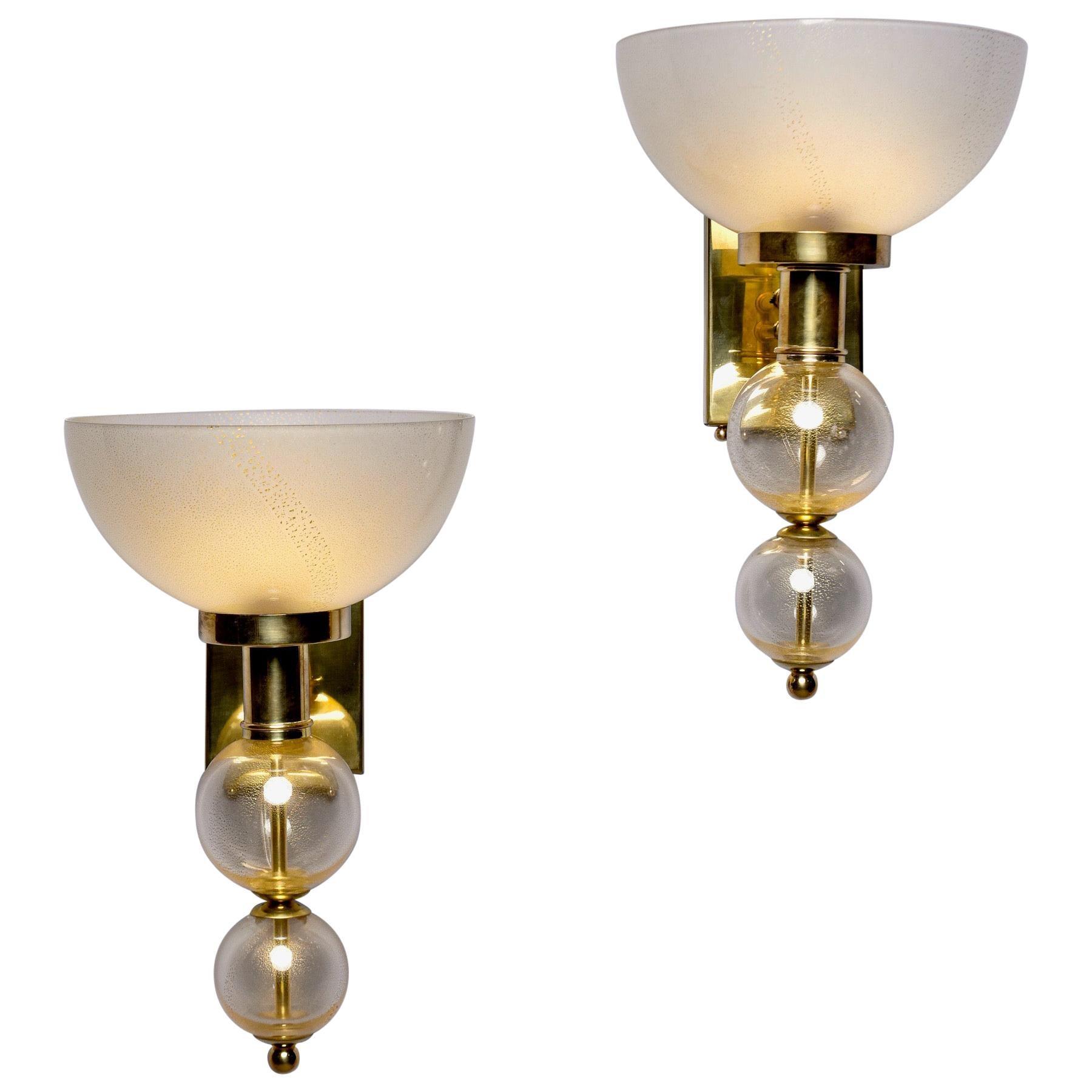 Hand Blown Murano Glass Sconces with Gold Flecks and Brass Fittings