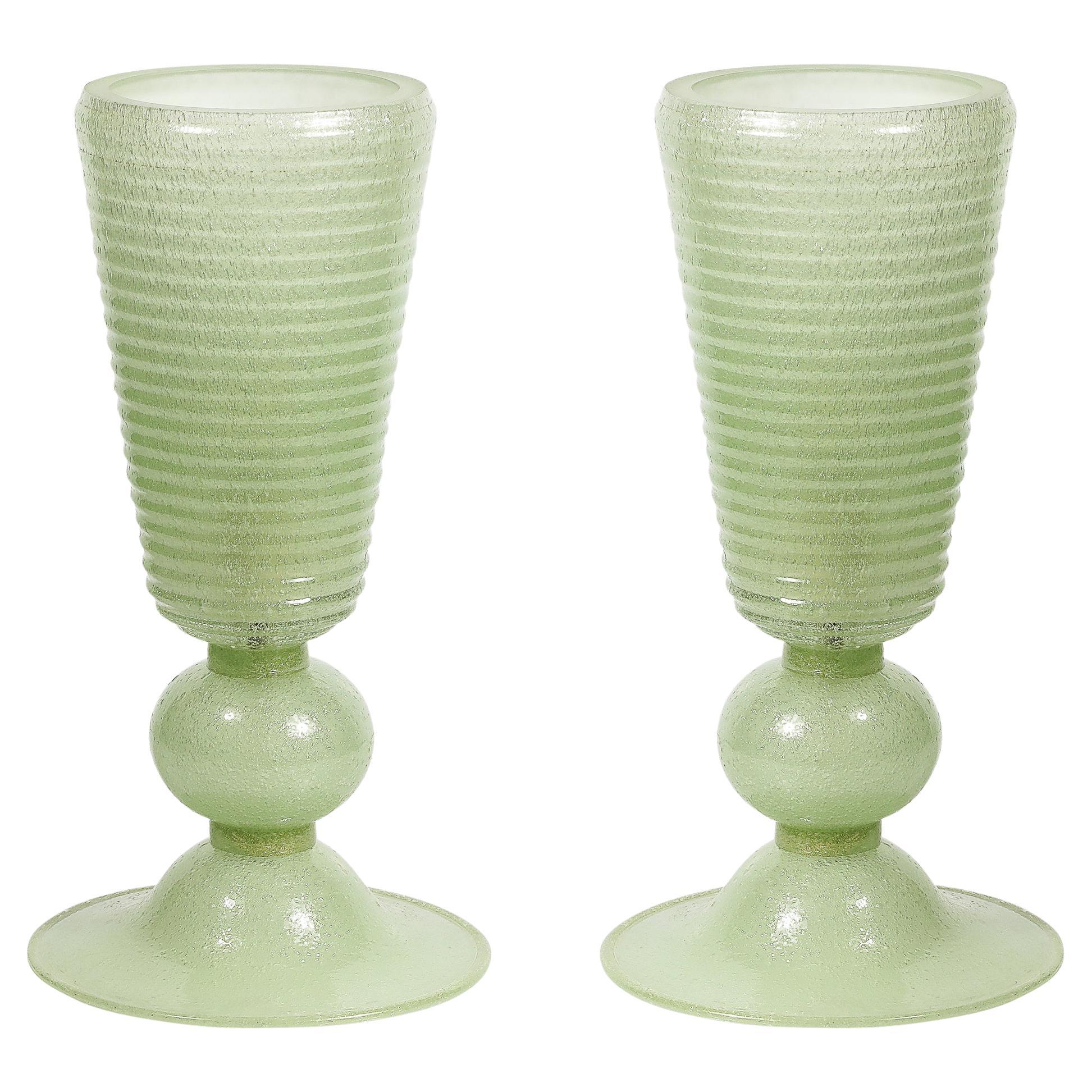 Handgeblasenes Murano Glas Geräucherte Jade Pulegoso Art Deco Stil  Uplight-Tischlampen im Angebot