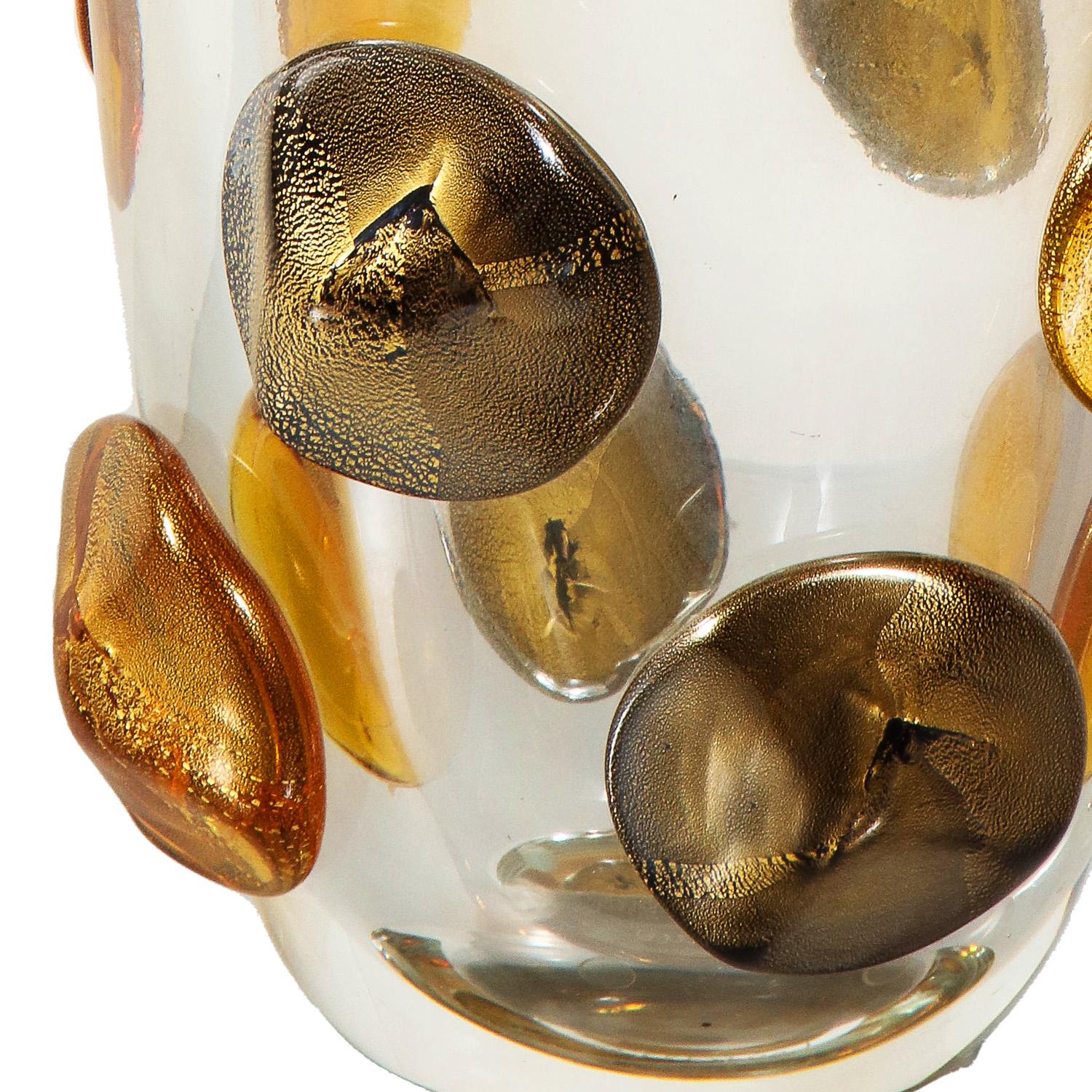 Hand-Crafted Hand-Blown Murano Glass Vase with Amber & Gold Glass Dot Design '2022' For Sale
