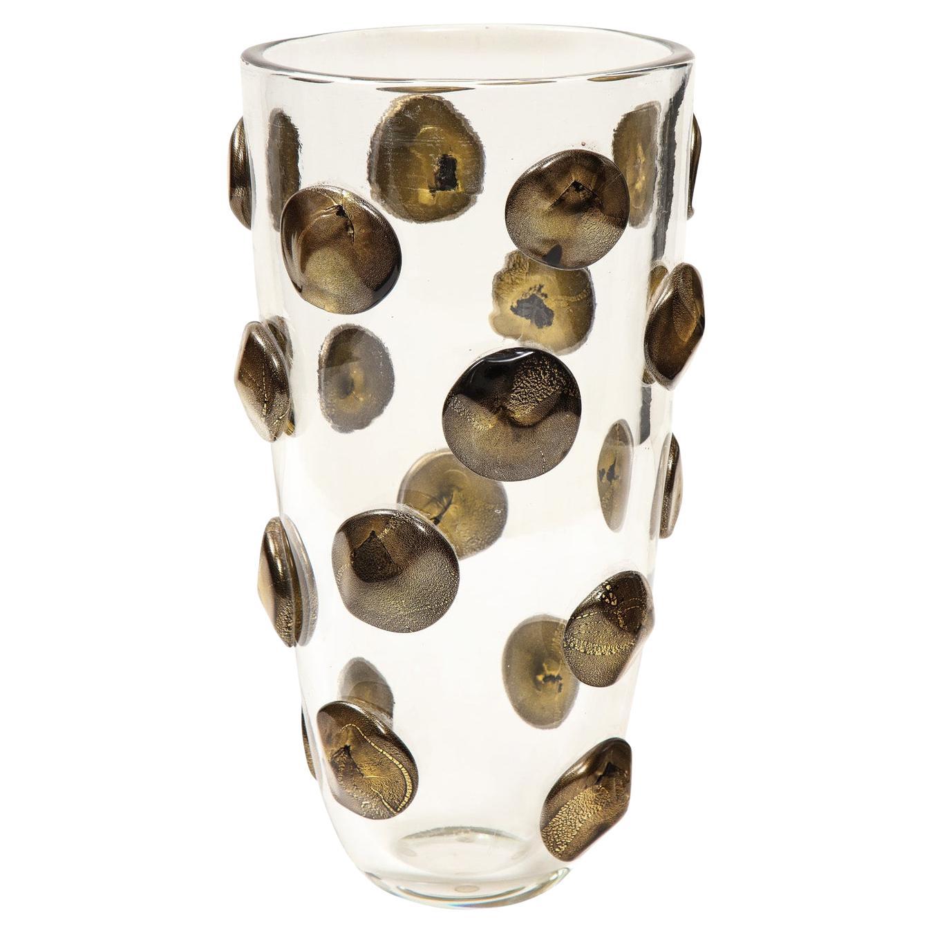 Hand-Blown Murano Glass Vase with Black & Gold Glass Dot Design '2022'