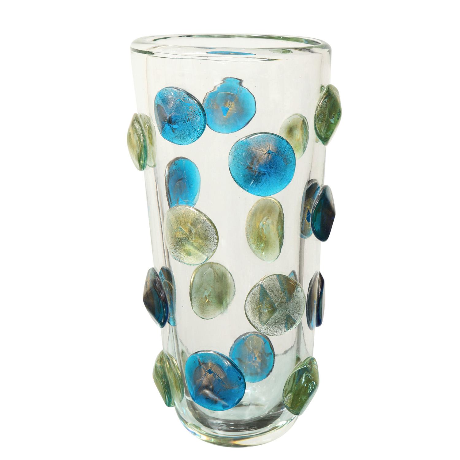 Exquisite clear hand-blown Murano glass vase with raised turquoise and gold glass dot design. Italy 2022. Available by order.

Available in other color combinations by order. Please inquire with Venfield.