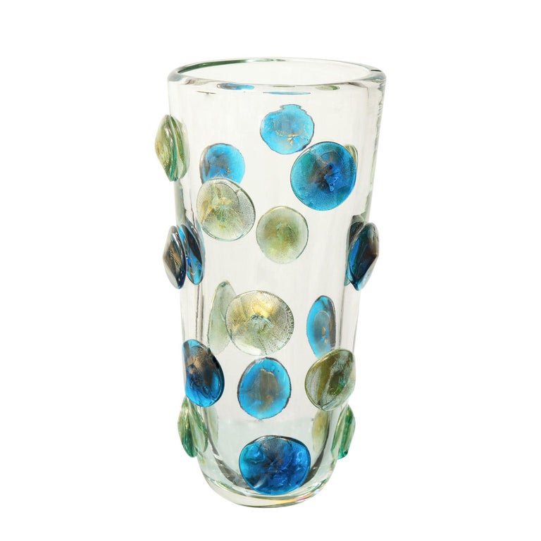Modern Hand-Blown Murano Glass Vase with Turquoise and Gold Glass Dot Design '2022' For Sale