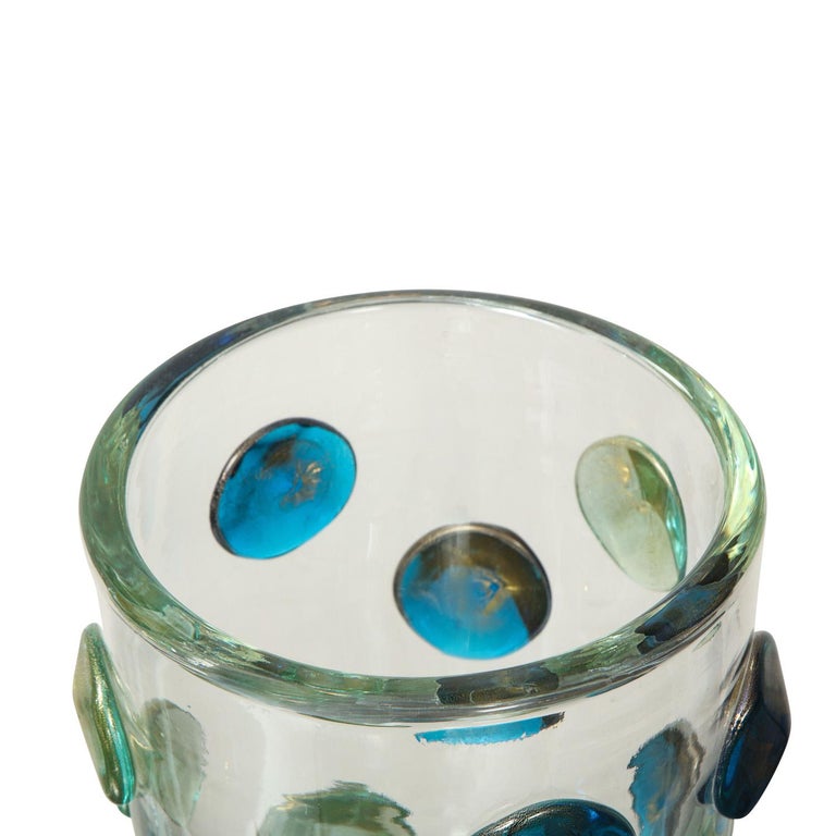 Italian Hand-Blown Murano Glass Vase with Turquoise and Gold Glass Dot Design '2022' For Sale