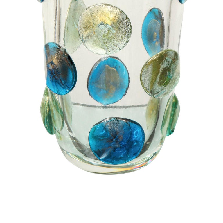 Hand-Crafted Hand-Blown Murano Glass Vase with Turquoise and Gold Glass Dot Design '2022' For Sale