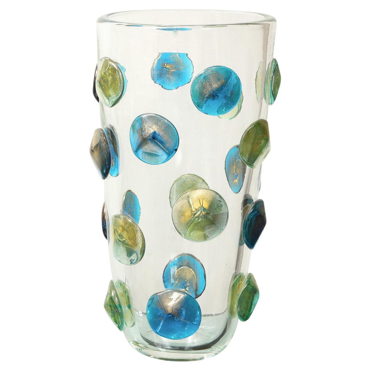 Vaso in vetro di Murano soffiato a mano con disegno di Dot Dot turchese e oro '2022'
