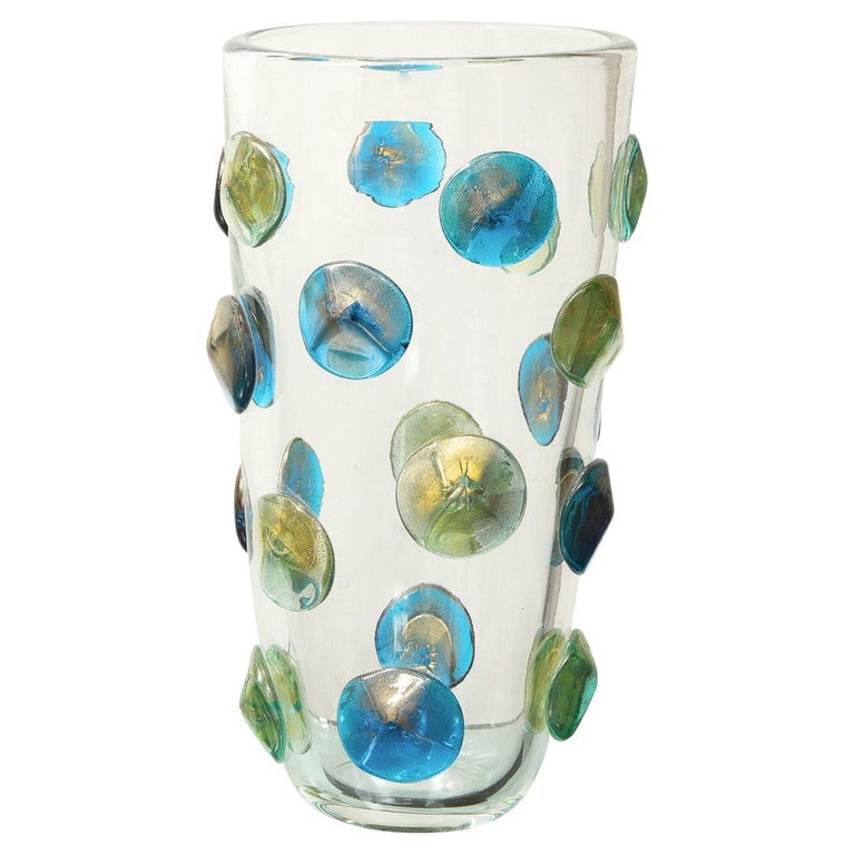 Hand-Blown Murano Glass Vase with Turquoise and Gold Glass Dot Design '2022' For Sale