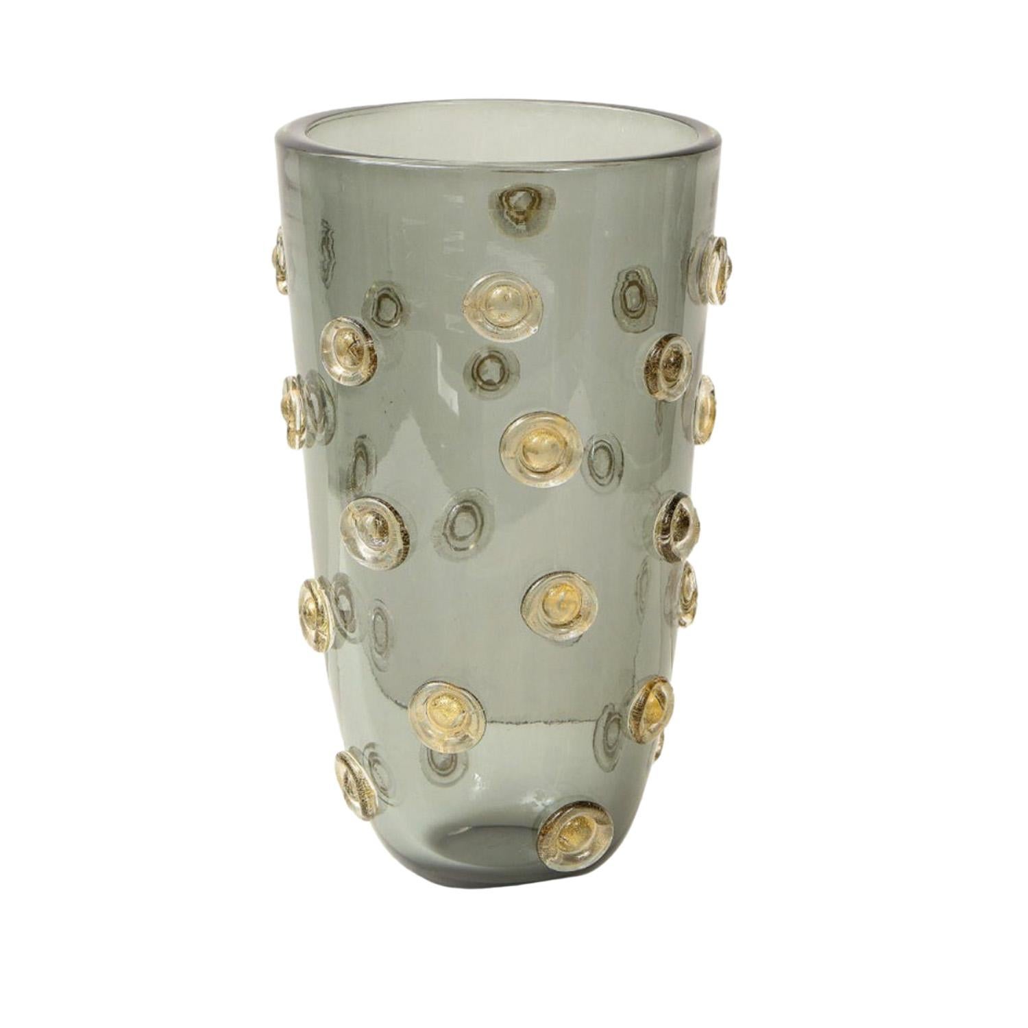 Gray hand-blown Murano glass vase with raised gold glass dot design. Italy 2022. There are two currently available.