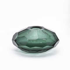 Hand-Blown Murano Modern Faceted Bowl in Emerald Green