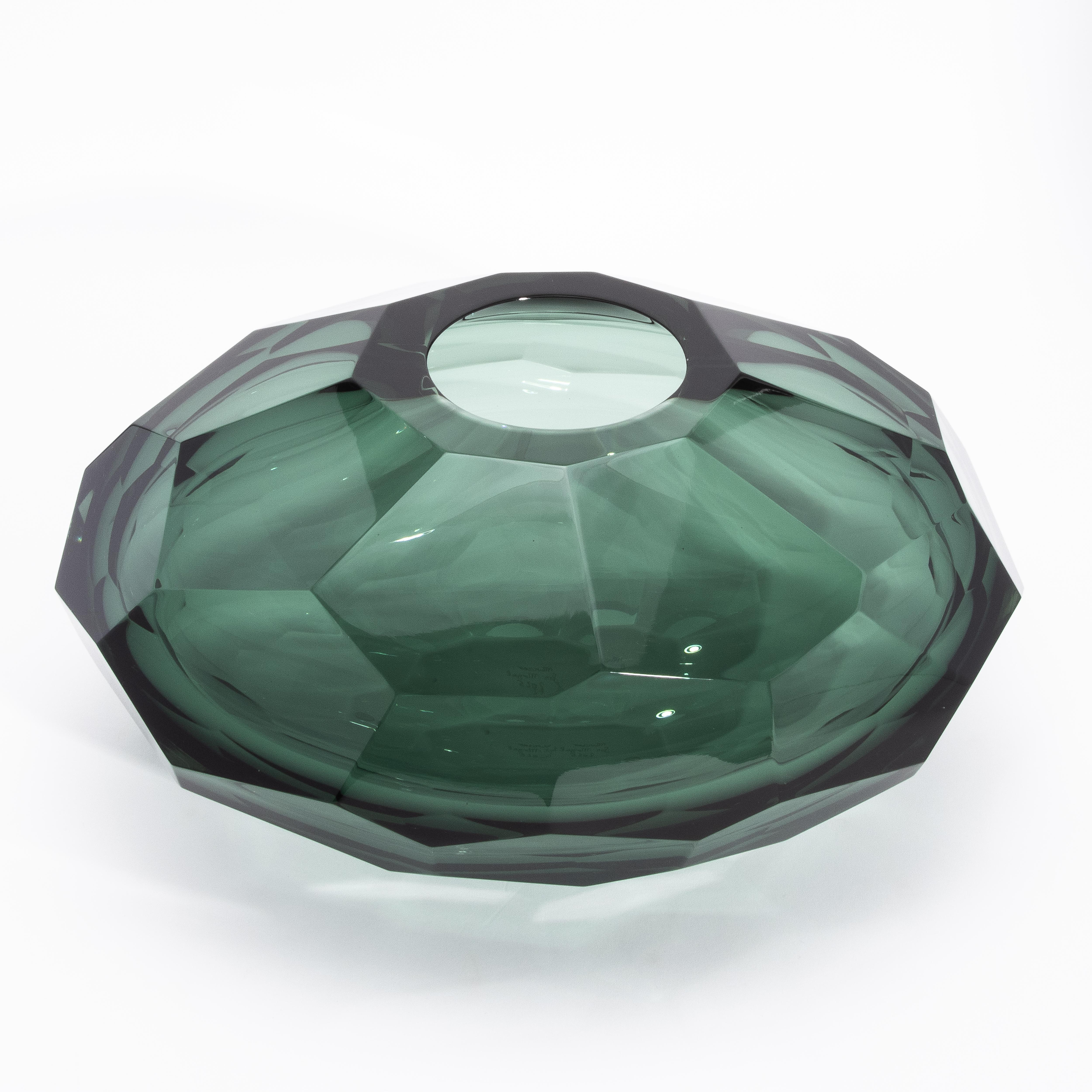 Hand-Crafted Hand-Blown Murano Modern Faceted Bowl in Emerald Green For Sale
