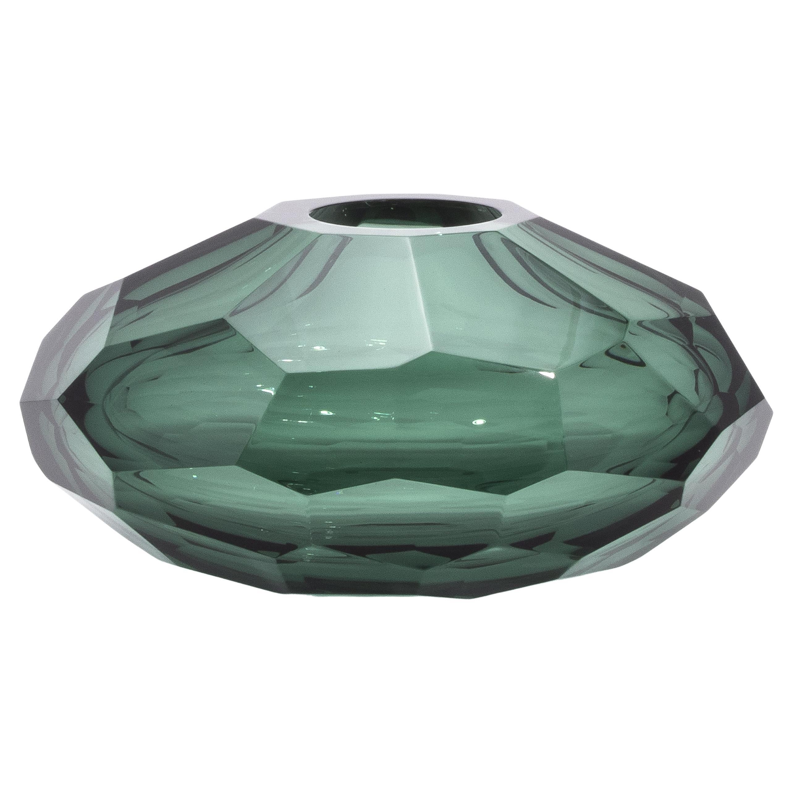 Cuenco facetado moderno de Murano soplado a mano en verde esmeralda