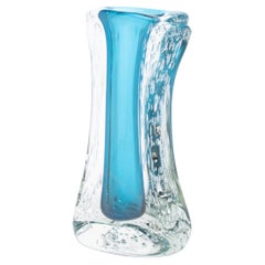 Hand-Blown Murano Modern Fluid Vase in Aquamarine Blue with Bubbles
