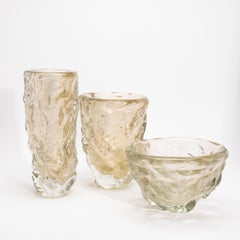 Hand-Blown Murano Modern Sculptural Bowl in Clear with 24-karat Gold Flecks