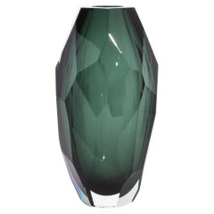 Hand-Blown Murano Modern Tall Faceted Vase in Emerald Green Medium