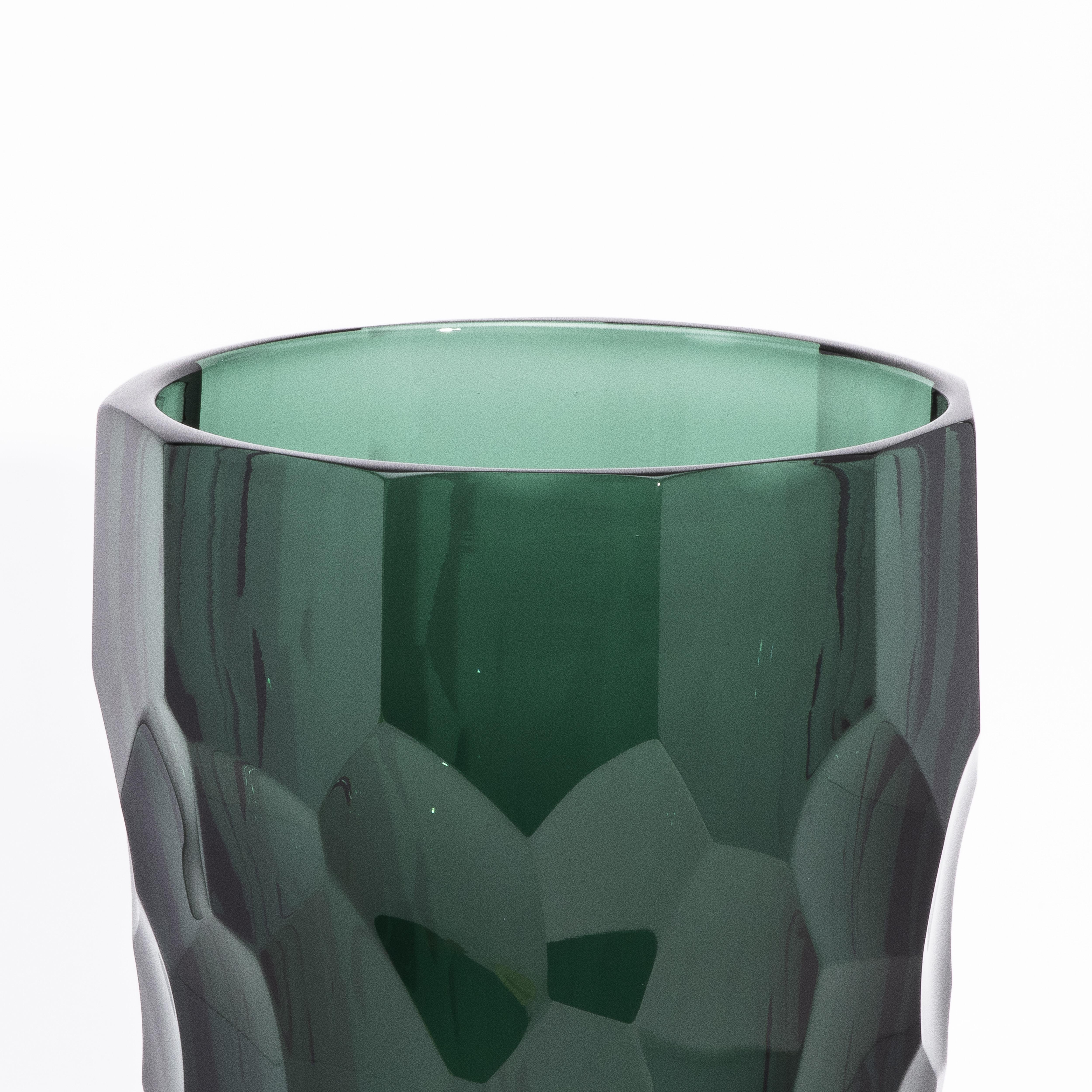 Italian Hand-Blown Murano Modern Tall Faceted Vase in Eucalyptus Green Medium For Sale