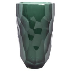 Hand-Blown Murano Modern Tall Faceted Vase in Eucalyptus Green Medium