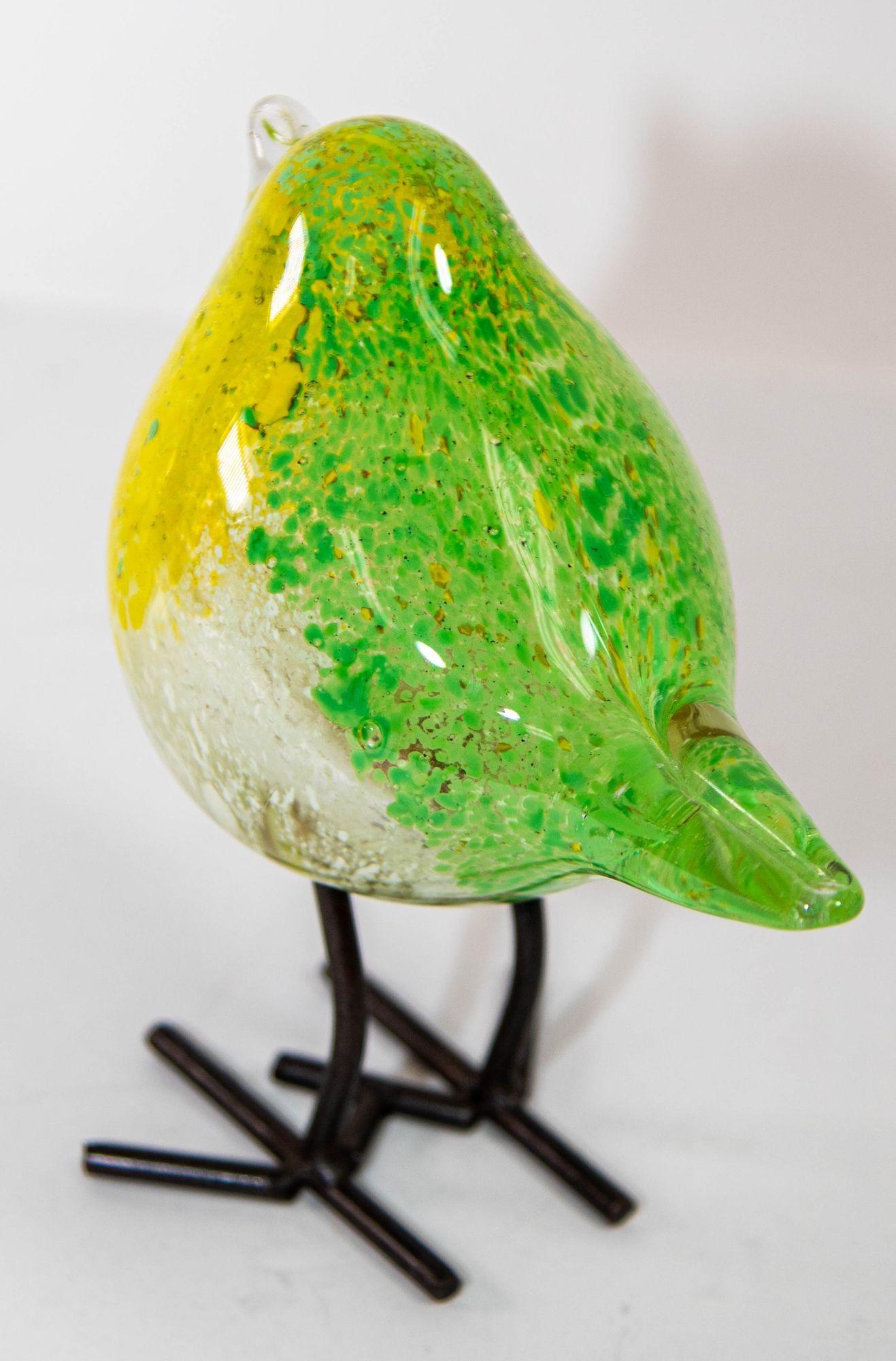 Italian Hand Blown Murano Style Green Art Glass Bird with Metal Legs, 1980s