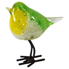 Hand Blown Murano Style Green Art Glass Bird with Metal Legs, 1980s