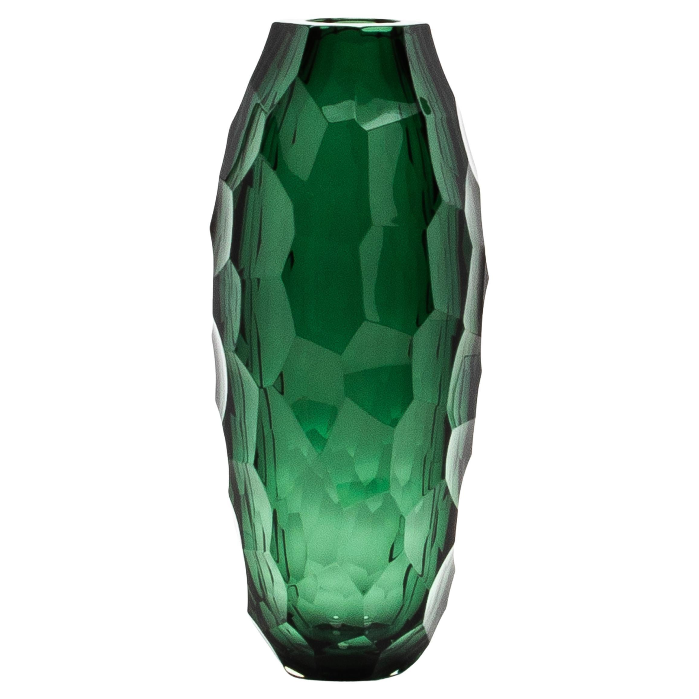 Grand vase à facettes de Murano soufflé à la main en vert émeraude