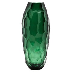 Hand Blown Murano Tall Faceted Vase in Emerald Green