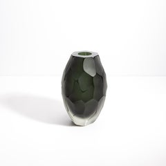 Hand Blown Murano Battuto Vase in Black and Deep Green Medium