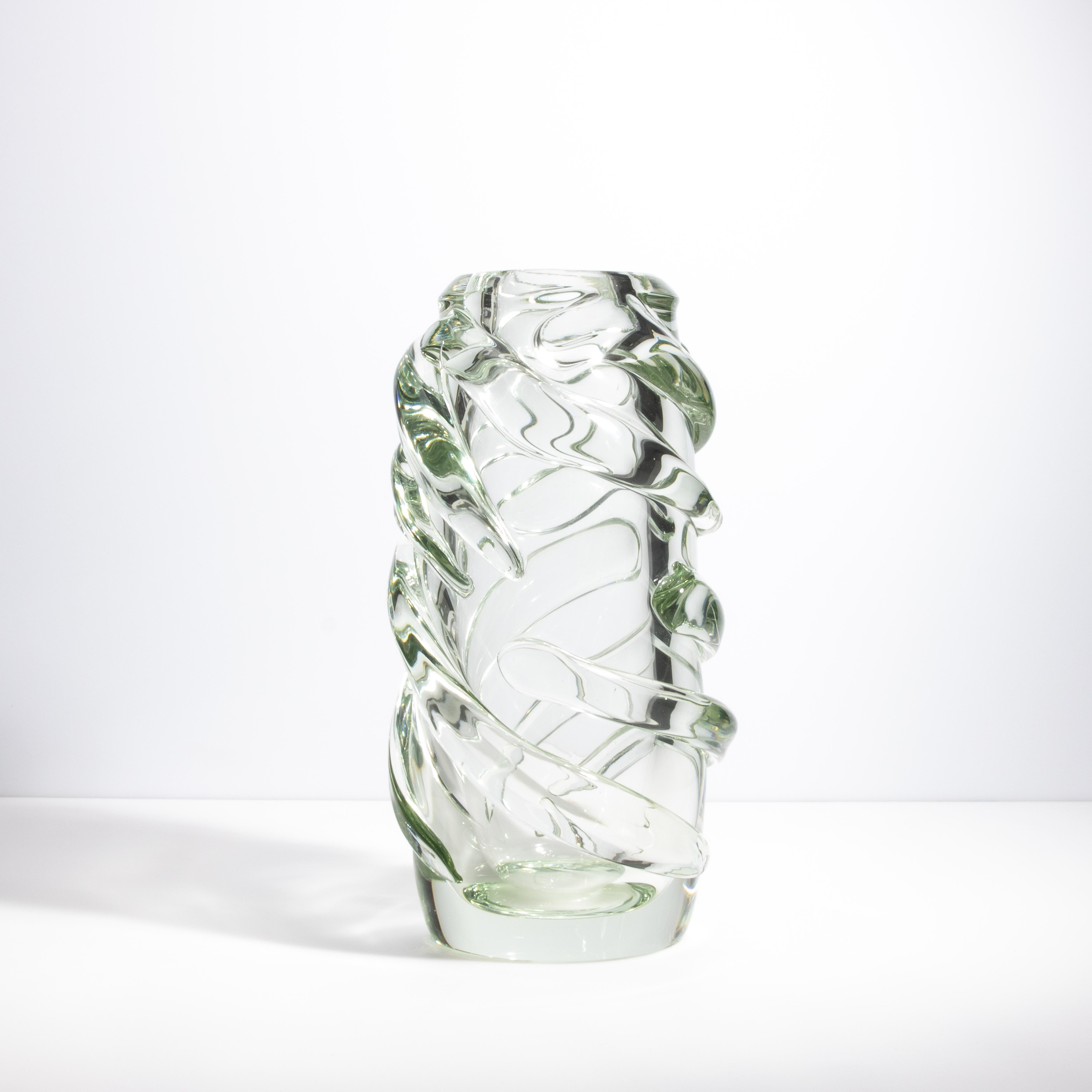 Italiano Vaso Gomitolo di Murano soffiato a mano, trasparente con un tocco di verde in vendita
