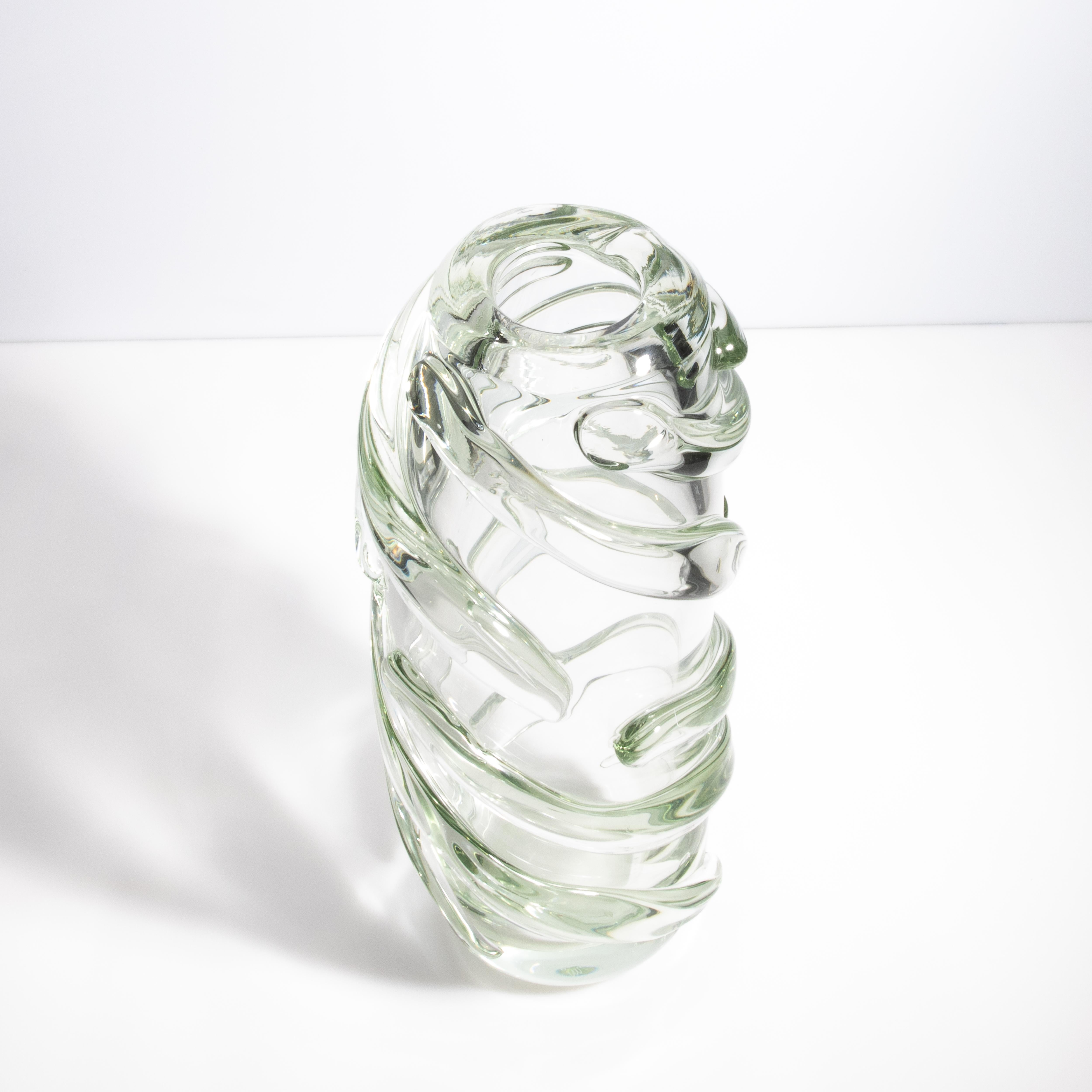 Vetro di Murano Vaso Gomitolo di Murano soffiato a mano, trasparente con un tocco di verde in vendita