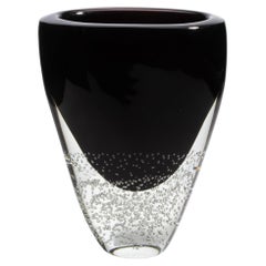 Hand Blown Murano Vase in Black Onyx and Clear with Bubbles