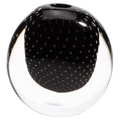 Hand Blown Murano Vase in Black Onyx with Bubbles