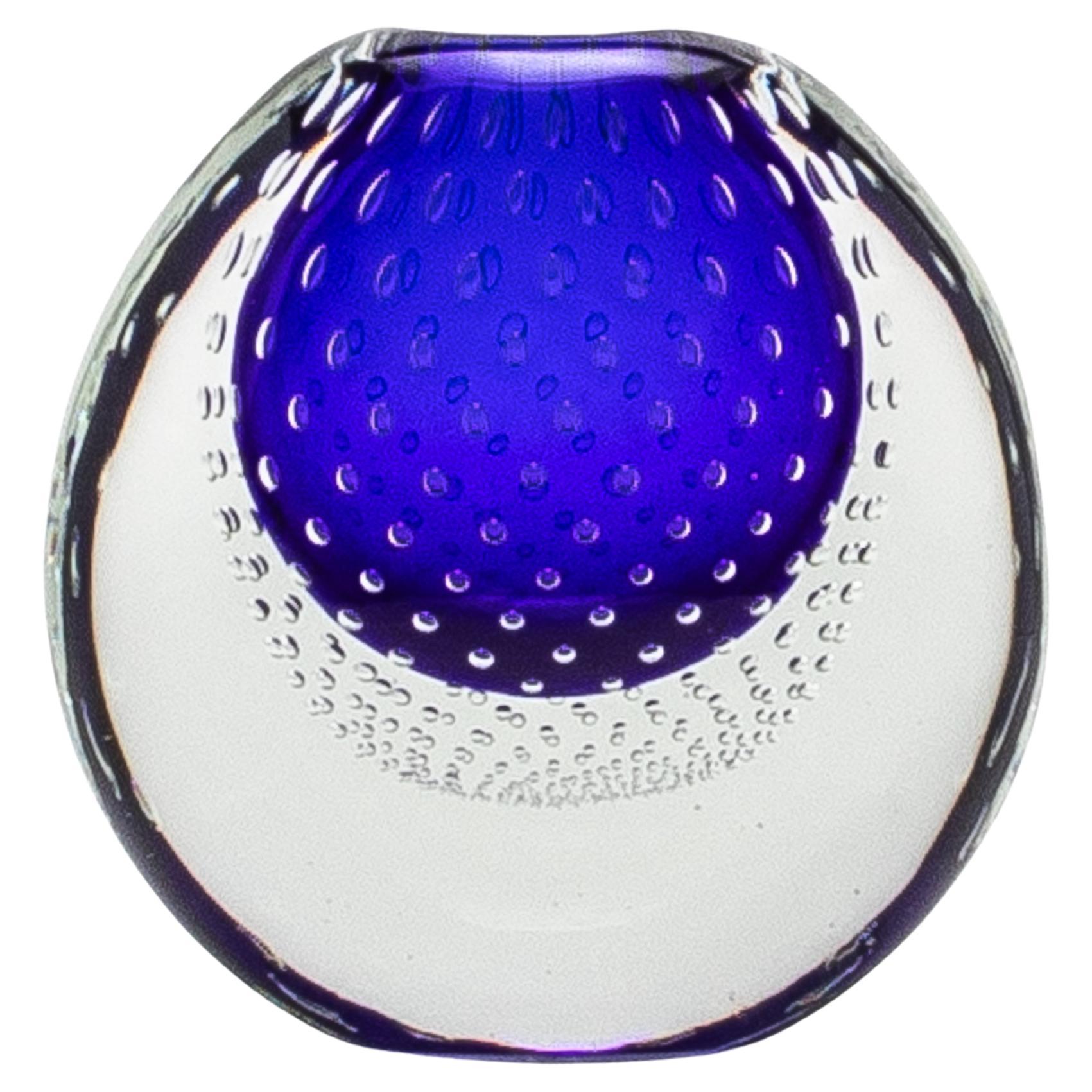 Hand Blown Murano Vase in Cobalt Blue with Bubbles