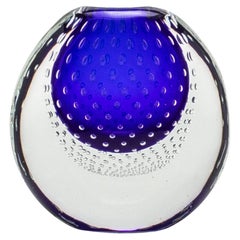 Hand Blown Murano Vase in Cobalt Blue with Bubbles