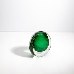 Hand Blown Murano Vase in Emerald Green with Bubbles