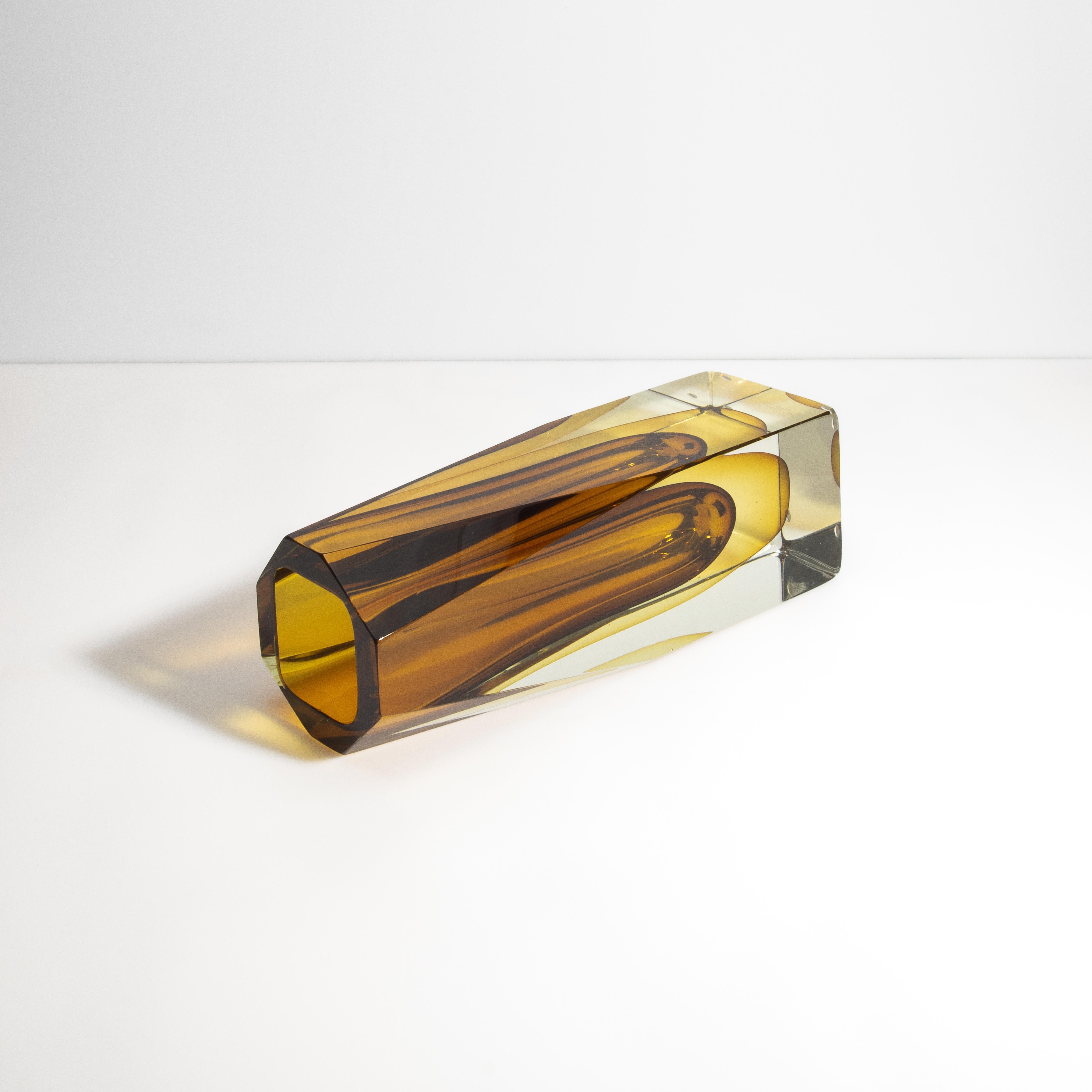 Hand Blown Murano Vase with Square Base in Amber For Sale 3