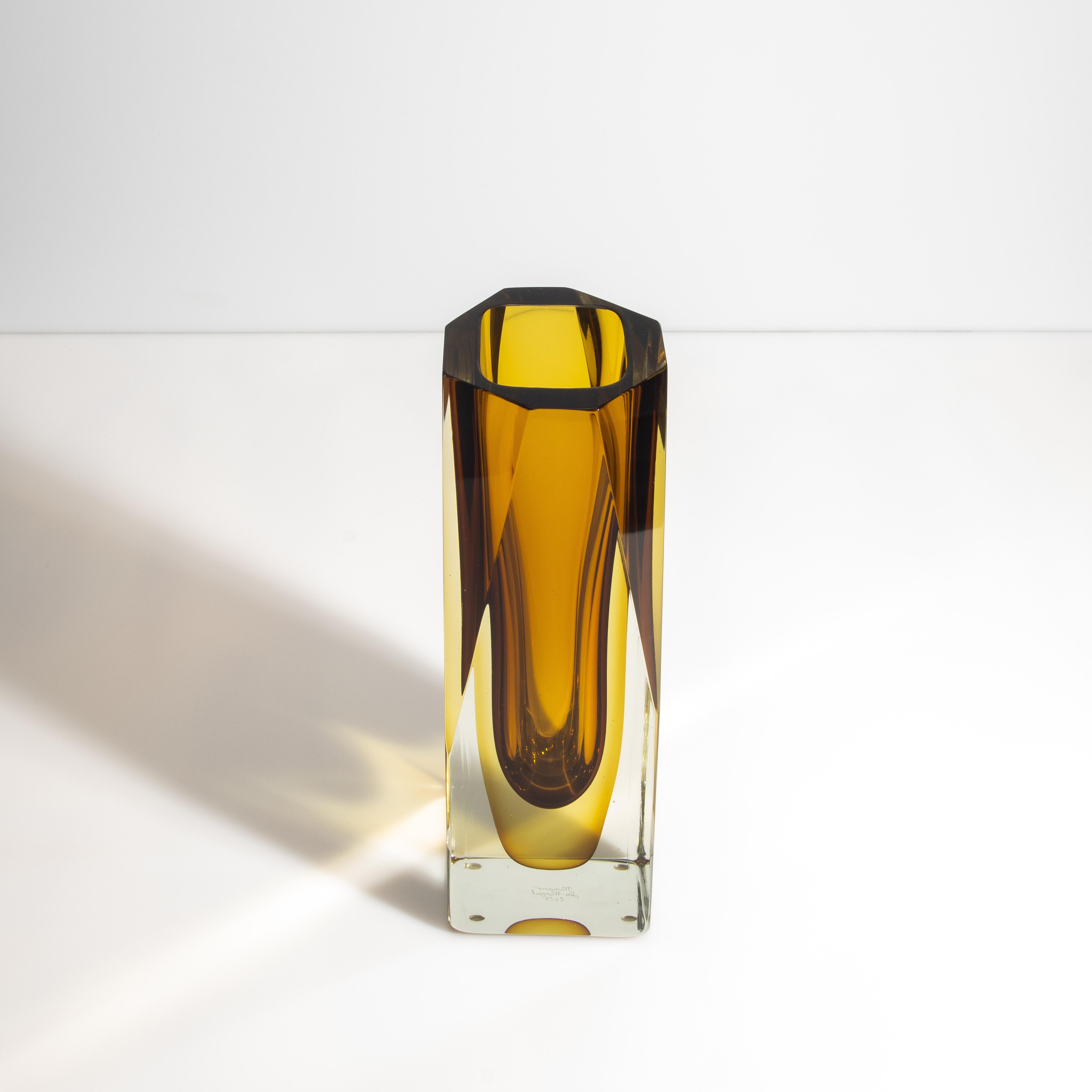 Modern Hand Blown Murano Vase with Square Base in Amber For Sale