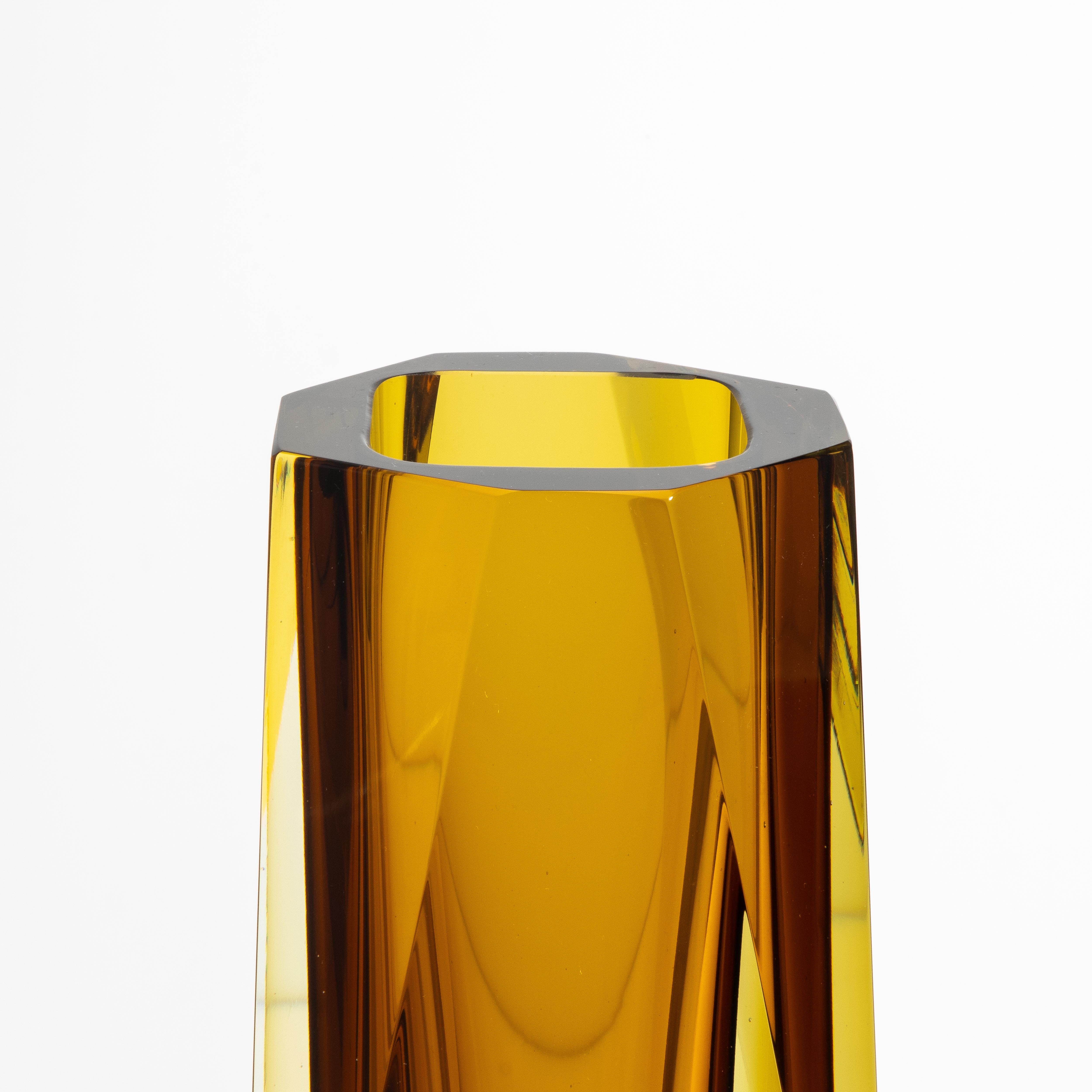 Italian Hand Blown Murano Vase with Square Base in Amber For Sale