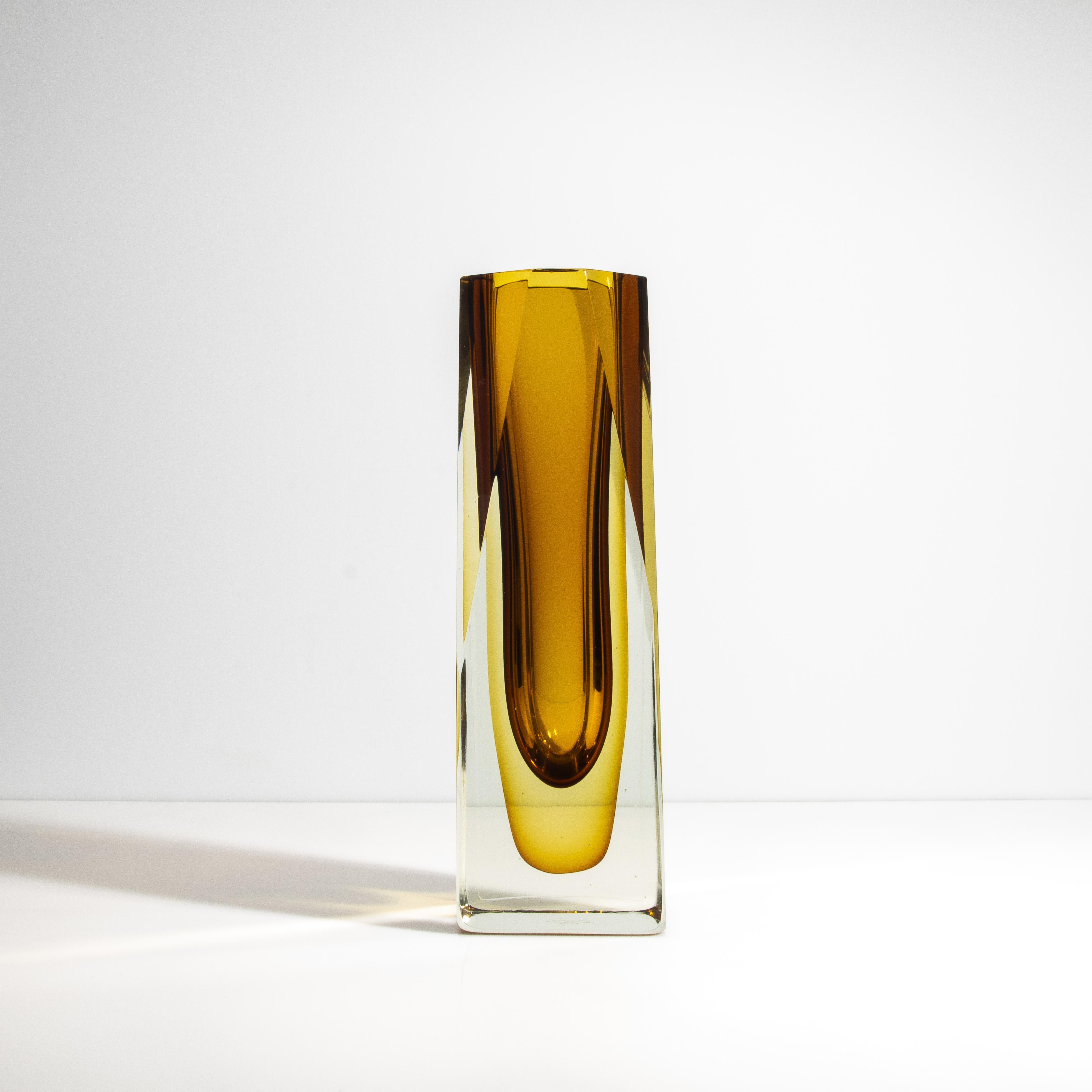 Hand-Crafted Hand Blown Murano Vase with Square Base in Amber For Sale