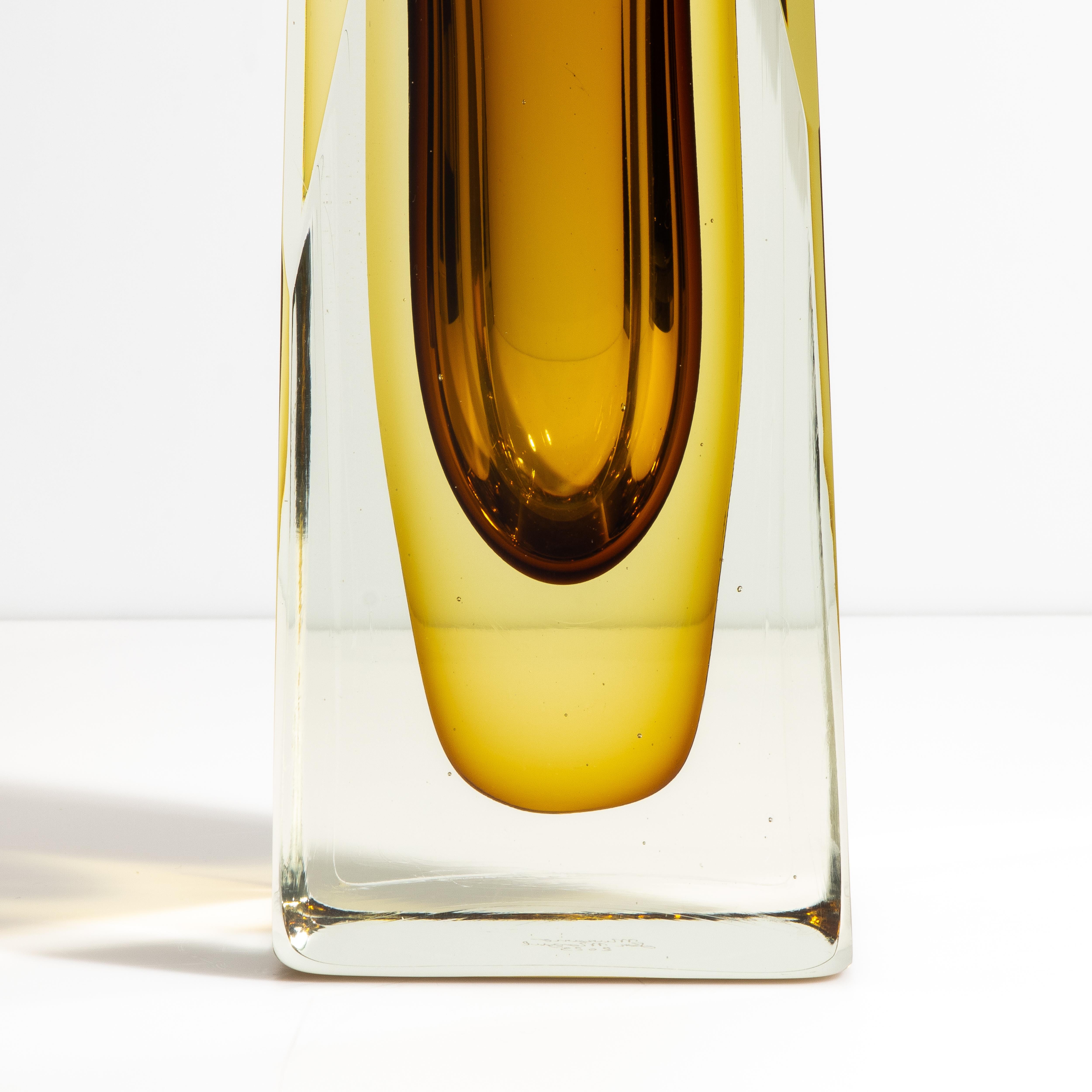 Hand Blown Murano Vase with Square Base in Amber In Excellent Condition For Sale In West Hollywood, CA