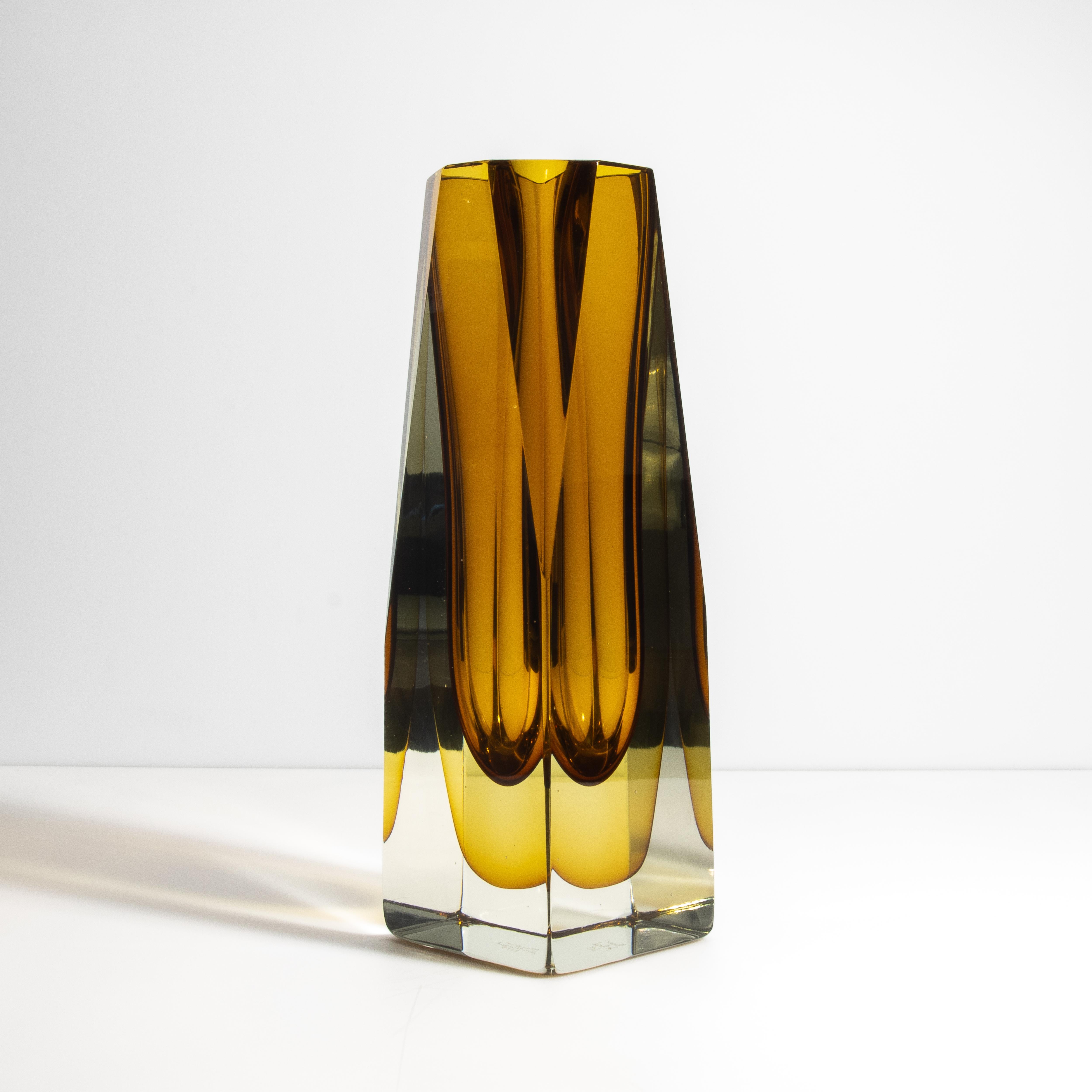 Contemporary Hand Blown Murano Vase with Square Base in Amber For Sale