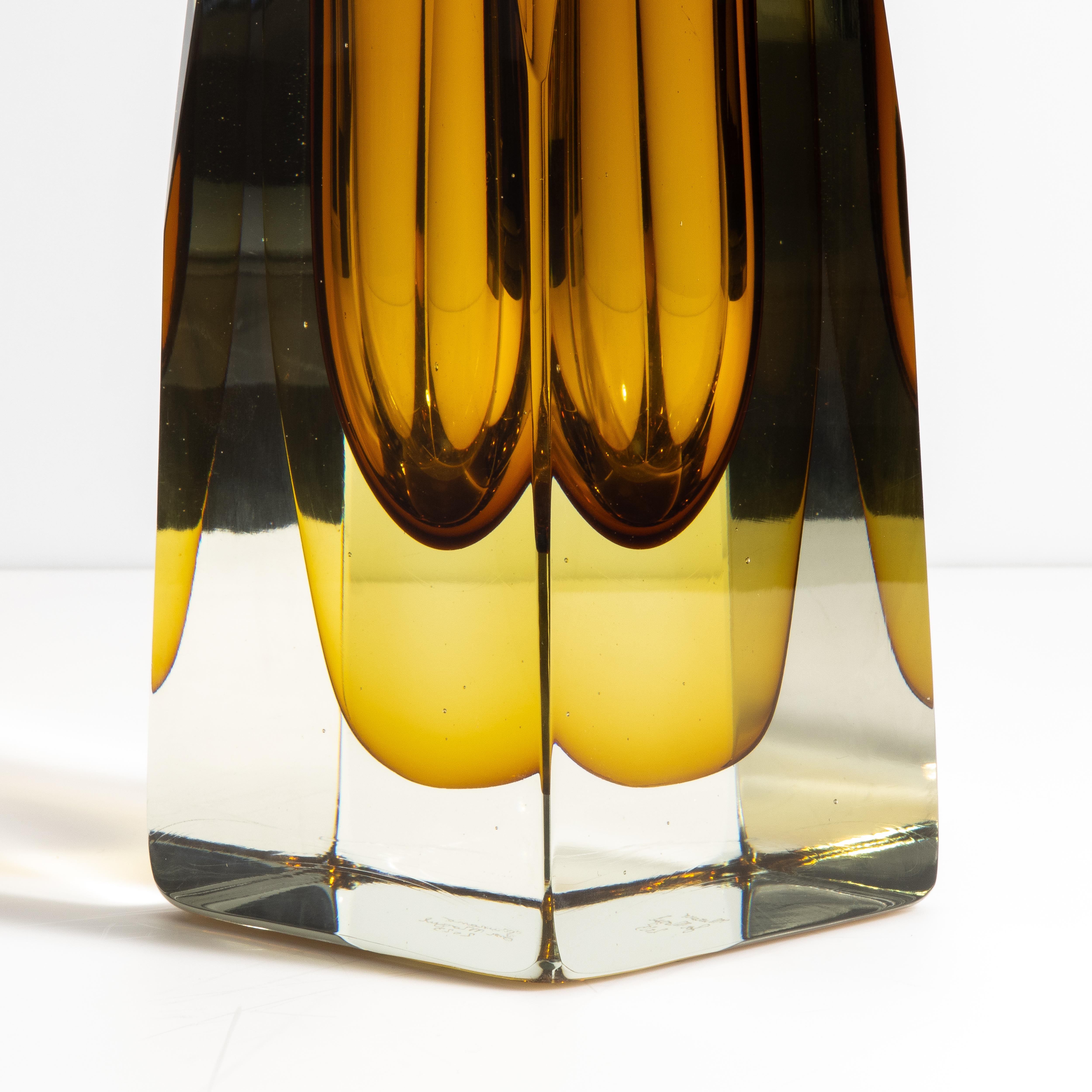 Murano Glass Hand Blown Murano Vase with Square Base in Amber For Sale