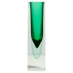 Hand Blown Murano Vase with Square Base in Emerald Green