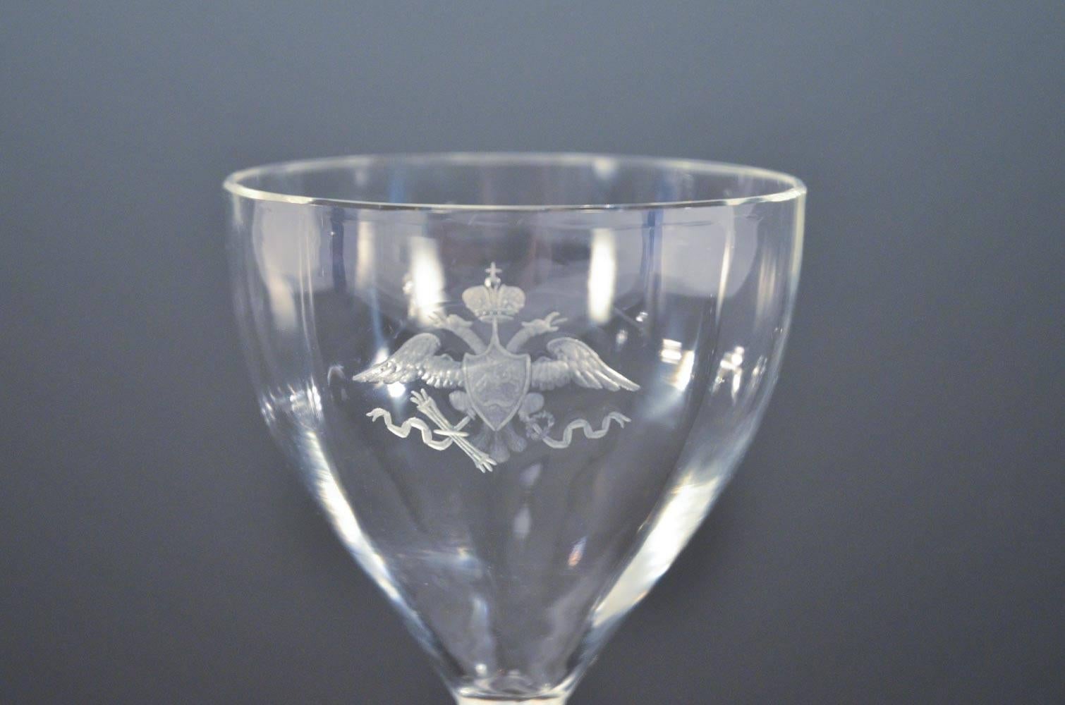 This rare Russian Imperial era blown glass wine goblet is from the Tsarskoe Selo Palace (??????? ???? – Tsar’s Village) of Tsar Nicholas II.

Hand blown by the Maltsev Glass Factory from the period of Nicholas II, the bowl is engraved with the