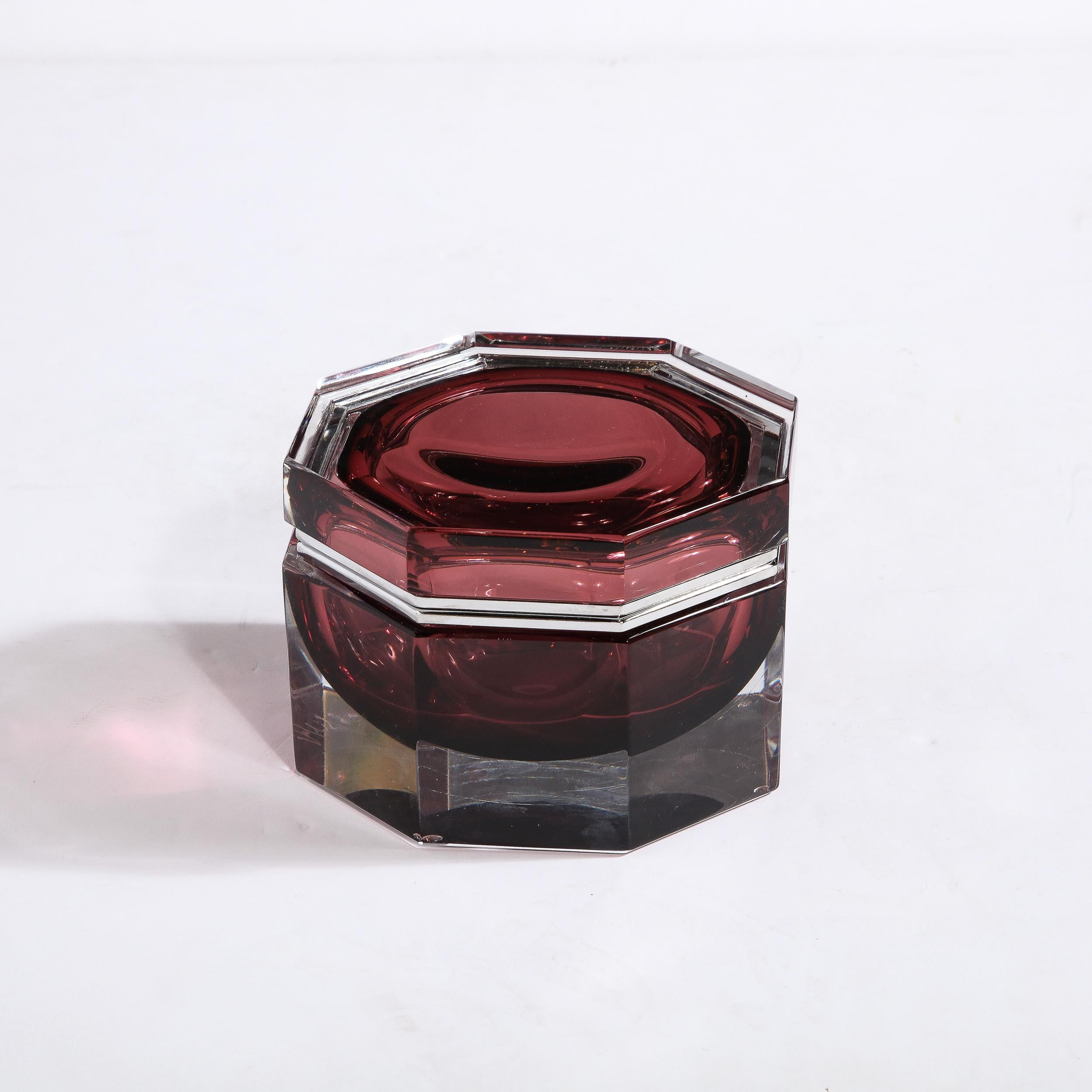 Modern Hand Blown Octagonal Murano Glass Box in Smoked Garnet For Sale